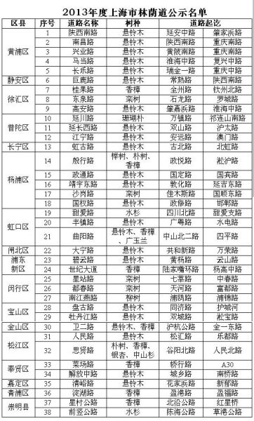 2013年度上海林荫道公示名单 2013年度上海林荫道公示名单