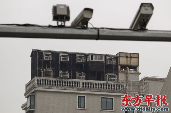 昨日,华灵路80弄,南华苑5号楼顶层违建的两层木质鸽子房已屹立12年不倒。早报记者 高征 图 昨日,华灵路80弄,南华苑5号楼顶层违建的两层木质鸽子房已屹立12年不倒。早报记者 高征 图