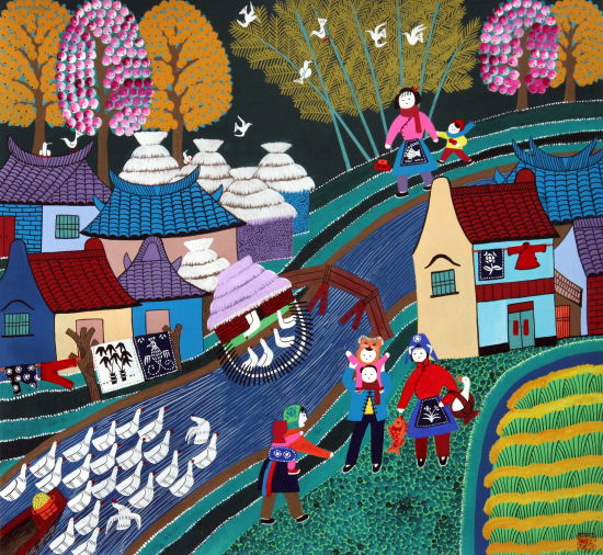 金山农民画以江南水乡风土人情为主要题材,融合刺绣,剪纸,蓝印花布
