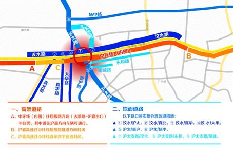 中环事故路段高架地面交通分流图 10条公交临时改道