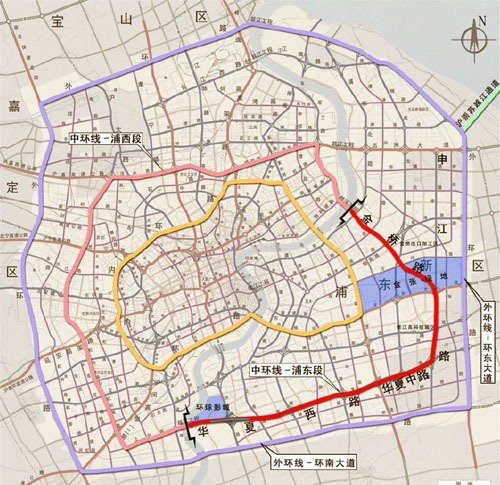 红线处为中环线浦东段 红线处为中环线浦东段