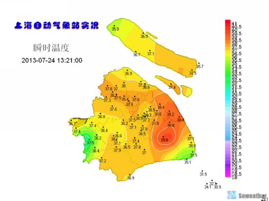 中午时分,上海不少气象自动站测得的温度都超过了38℃ 中午时分,上海不少气象自动站测得的温度都超过了38℃