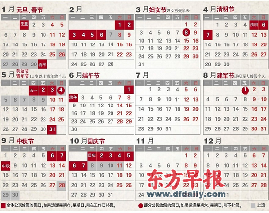 2014年放假安排方案公布春节国庆休7天除夕不